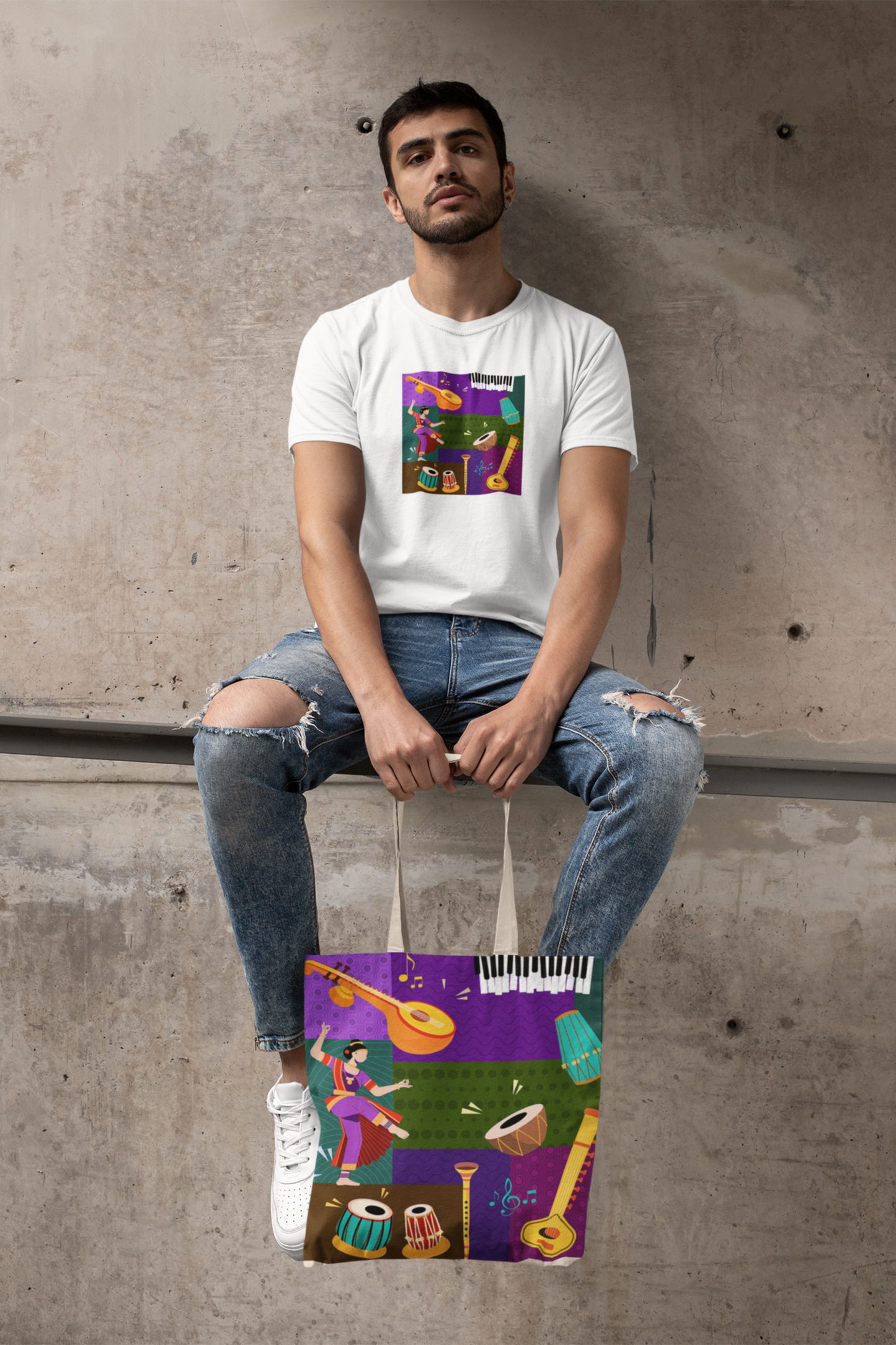 Indian Music Collage | Raw Silk & Cotton Tote Bag