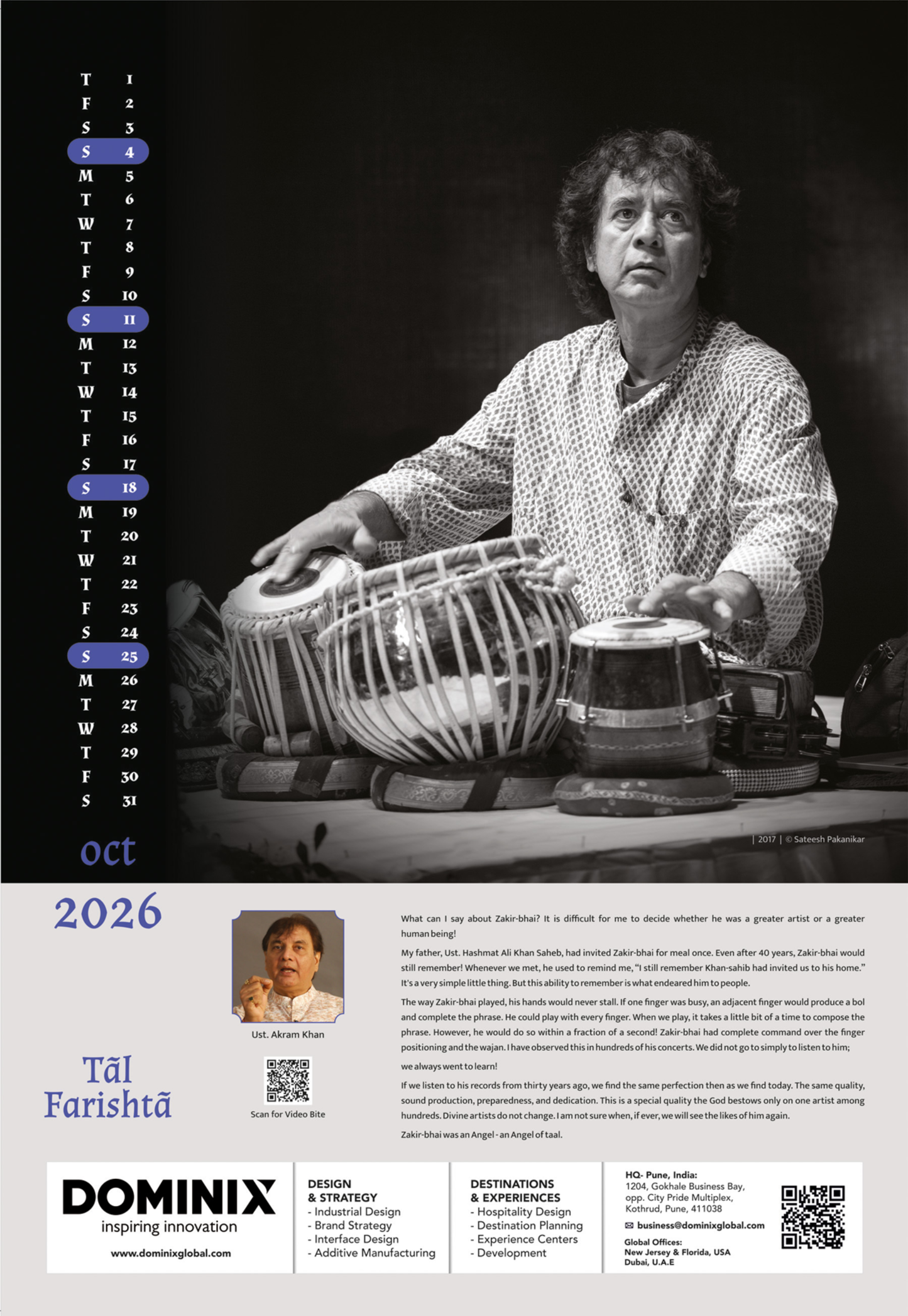 Ut. Zakir Hussain - Collectible Photo Calendar 2026 | Taal Farishta