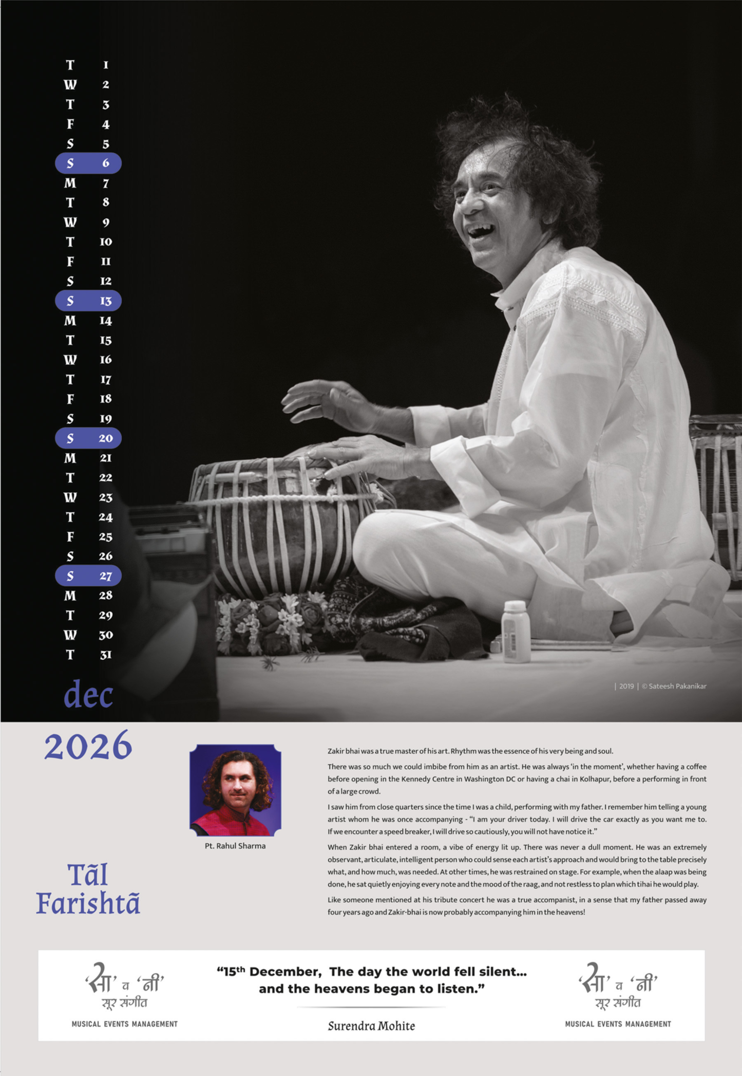Ut. Zakir Hussain - Collectible Photo Calendar 2026 | Taal Farishta