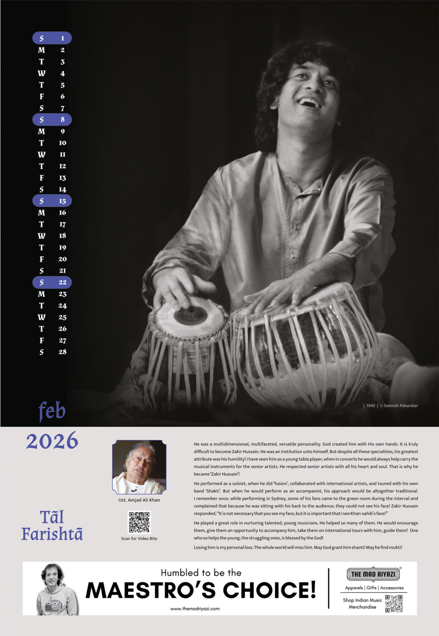 Ut. Zakir Hussain - Collectible Photo Calendar 2026 | Taal Farishta