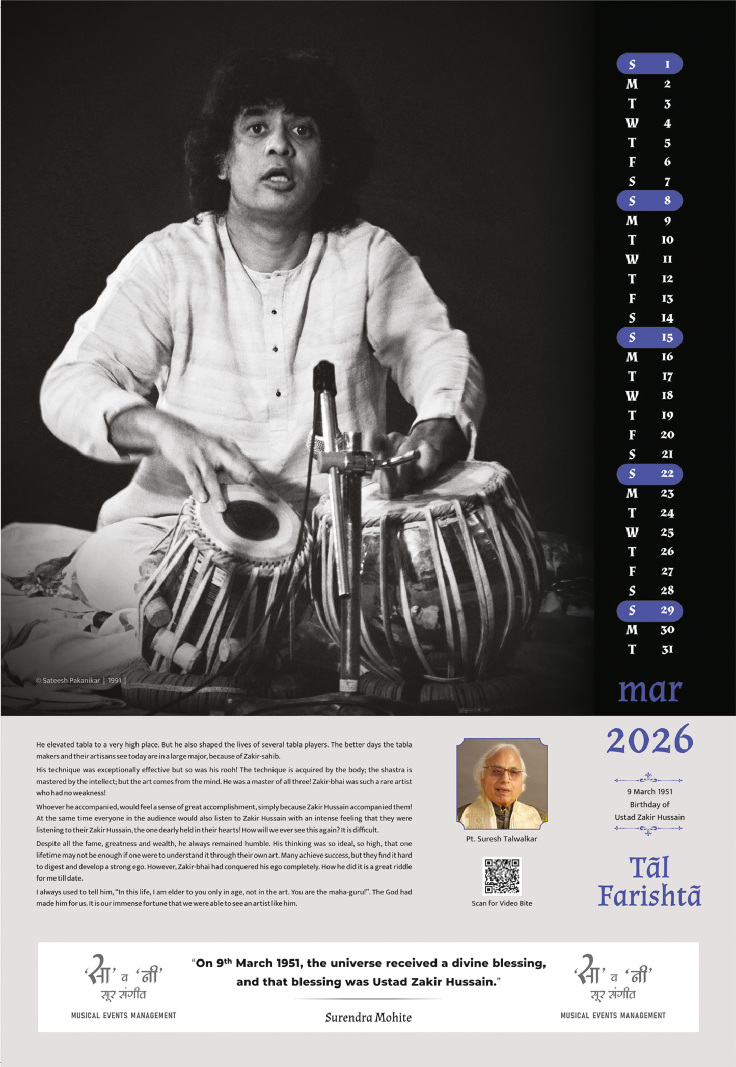 Ut. Zakir Hussain - Collectible Photo Calendar 2026 | Taal Farishta