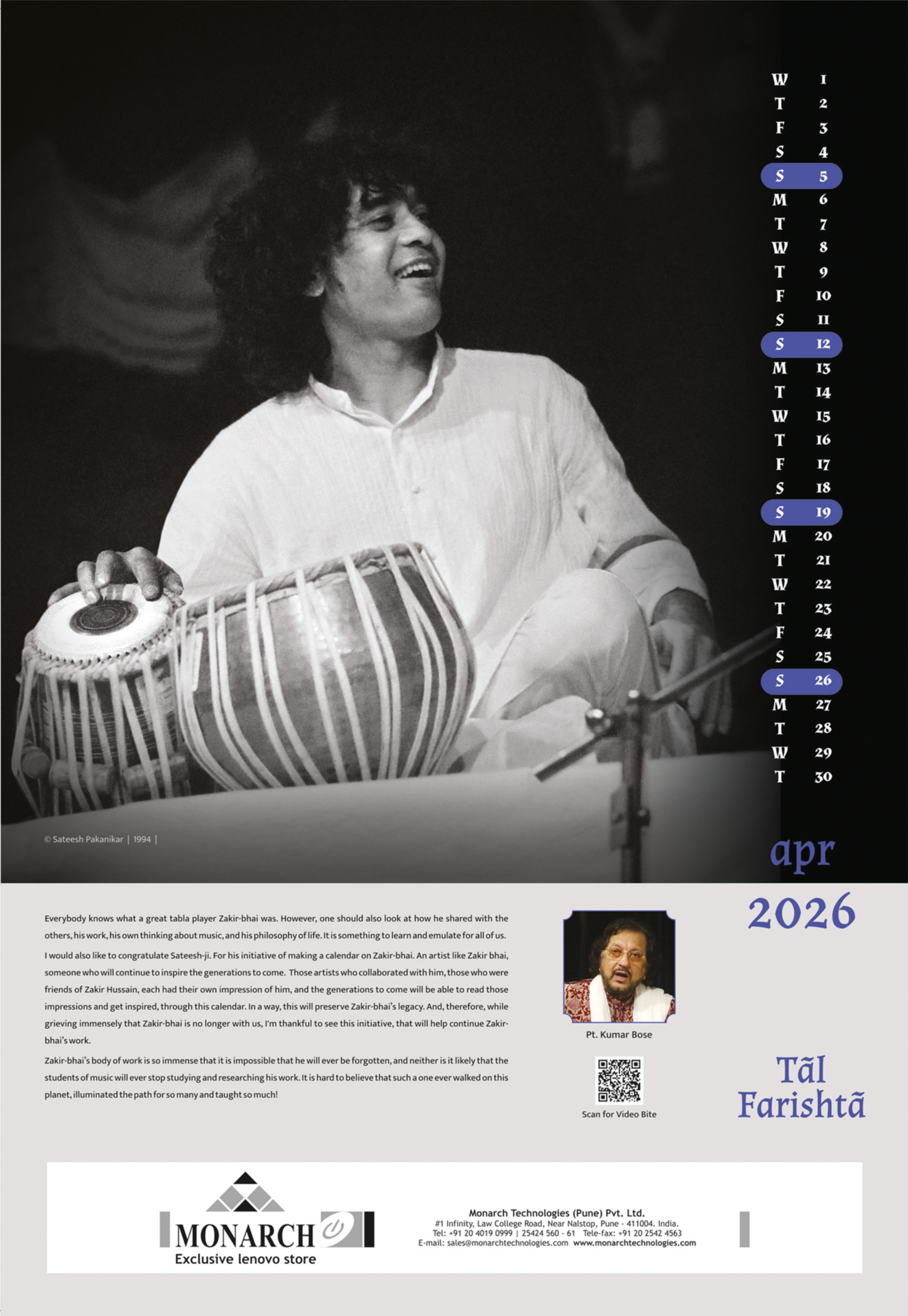 Ut. Zakir Hussain - Collectible Photo Calendar 2026 | Taal Farishta