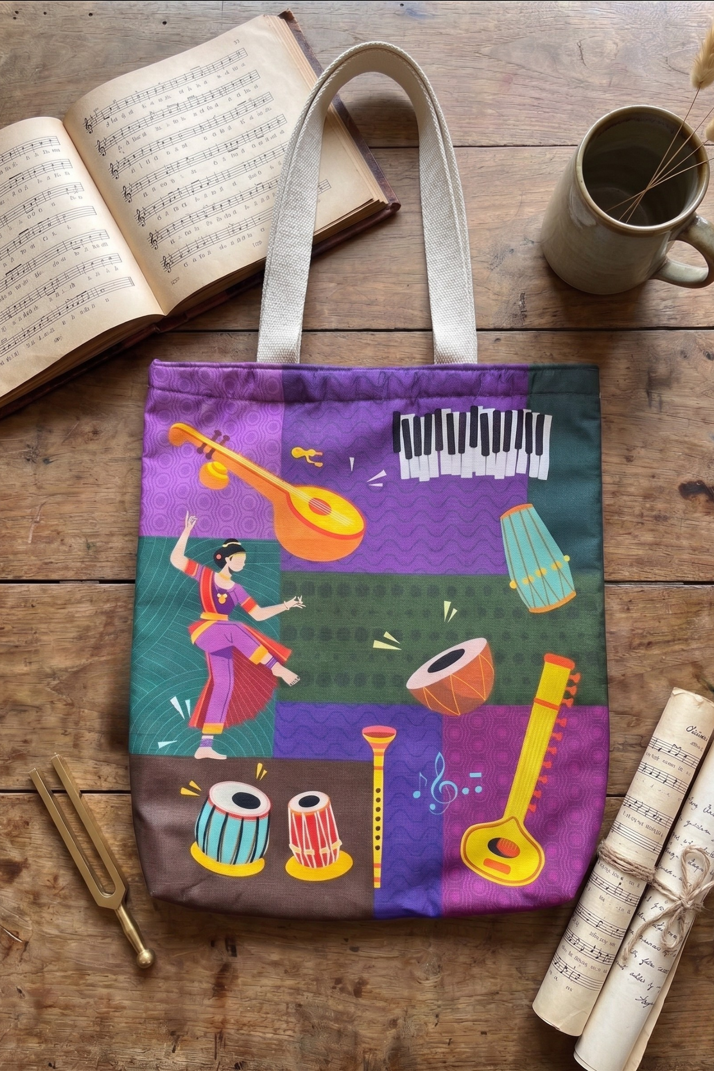 Indian Music Collage | Raw Silk & Cotton Tote Bag